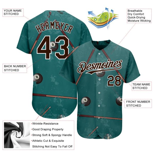 Custom Midnight Green Brown-White 3D Pattern Design Billiards Snooker 8 Ball Authentic Baseball Jersey - Image 3