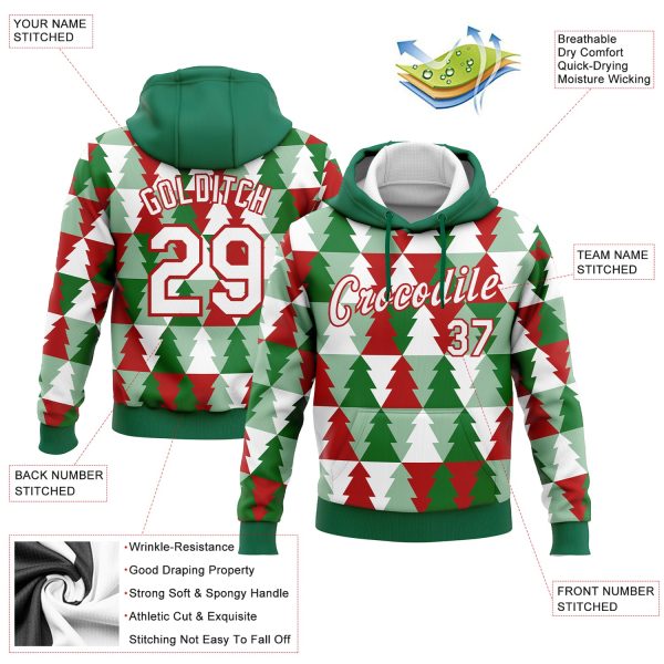 Custom Stitched Kelly Green White-Red Christmas Tree 3D Sports Pullover Sweatshirt Hoodie - Image 2