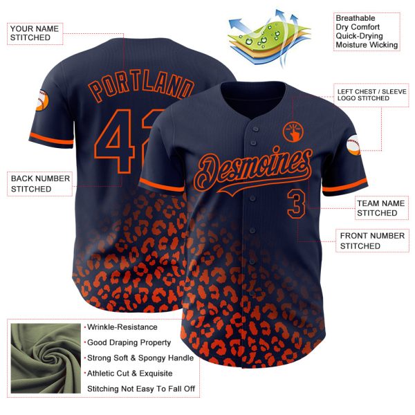 Custom Navy Orange 3D Pattern Design Leopard Print Fade Fashion Authentic Baseball Jersey - Image 3
