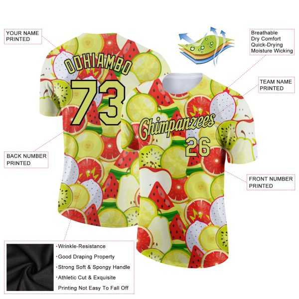Custom White Neon Yellow-Black 3D Pattern Design Summer Holiday Fruit Performance T-Shirt - Image 2