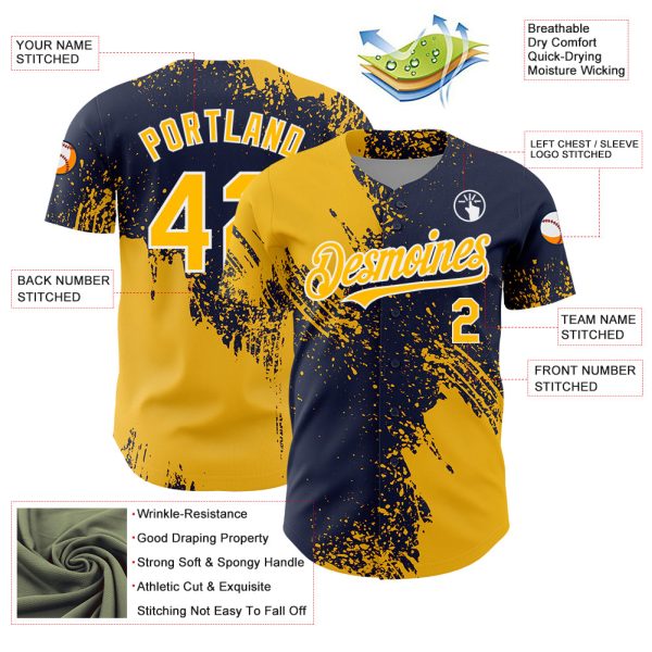 Custom Gold Navy-White 3D Pattern Design Abstract Brush Stroke Authentic Baseball Jersey - Image 3