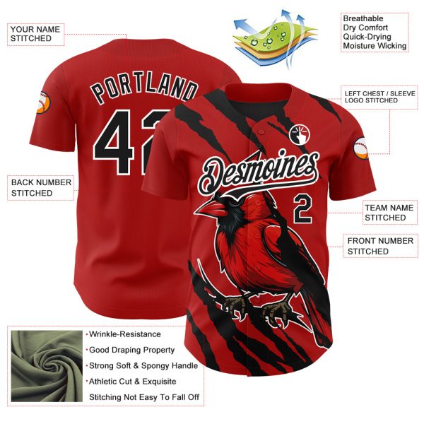 Custom Red Black-White 3D Pattern Design Animal Cardinal Bird Authentic Baseball Jersey - Image 3