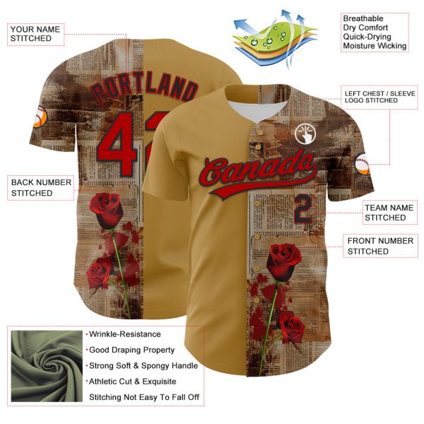 Custom Old Gold Red-Black 3D Pattern Design Gothic Style Rose Authentic Baseball Jersey - Image 3