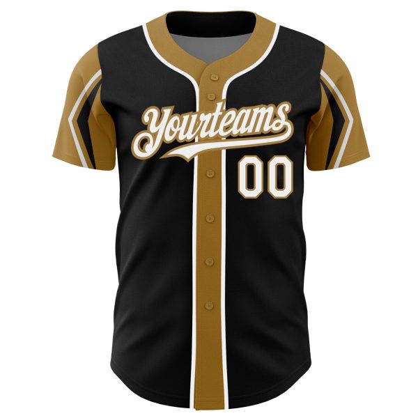 Custom Black White-Old Gold 3 Colors Arm Shapes Authentic Baseball Jersey - Image 3