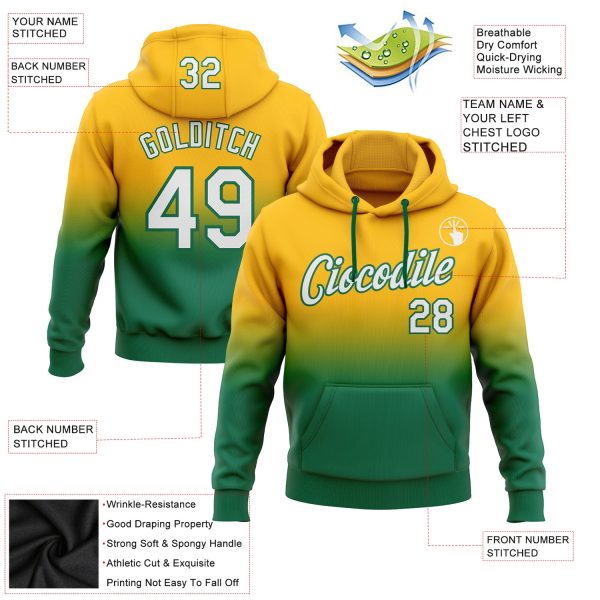 Custom Stitched Gold White-Kelly Green Fade Fashion Sports Pullover Sweatshirt Hoodie - Image 2