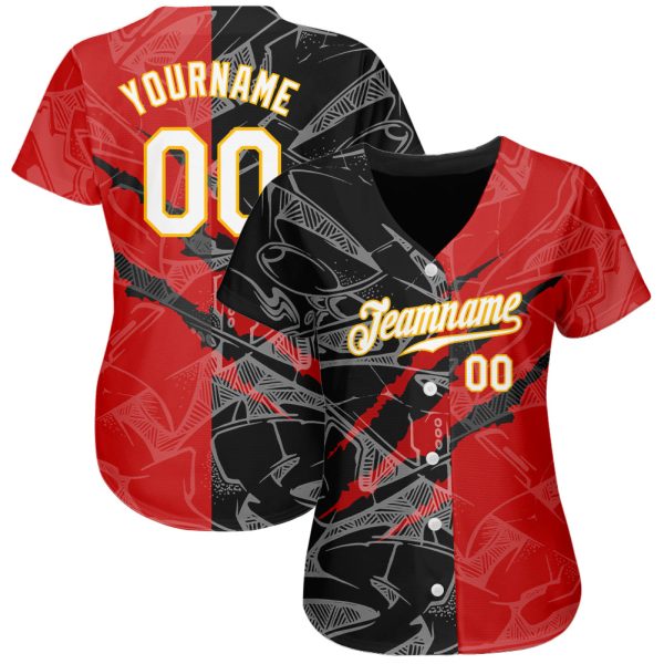 Custom Graffiti Pattern White Black-Yellow 3D Scratch Authentic Baseball Jersey - Image 2