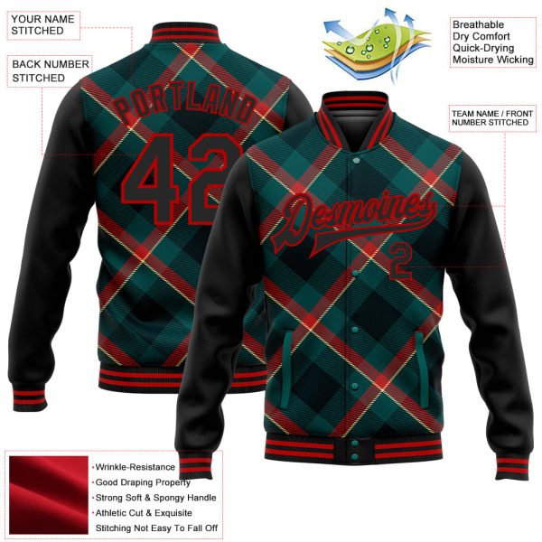 Custom Midnight Green Black-Red Check Board 3D Pattern Design Bomber Full-Snap Varsity Letterman Jacket - Image 5