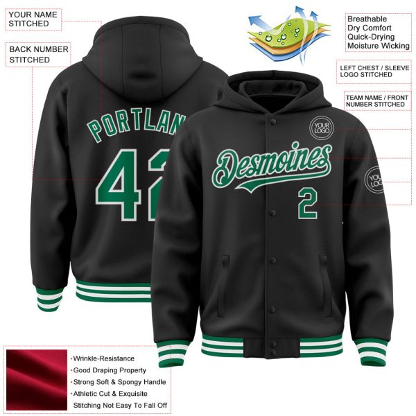 Custom Black Kelly Green-White Bomber Full-Snap Varsity Letterman Hoodie Jacket - Image 3