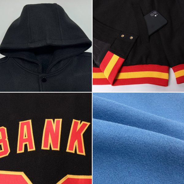 Custom Light Blue Pink-Black Bomber Full-Snap Varsity Letterman Hoodie Jacket - Image 2