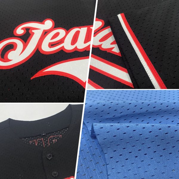 Custom Light Blue Red-Navy Mesh Authentic Throwback Baseball Jersey - Image 2