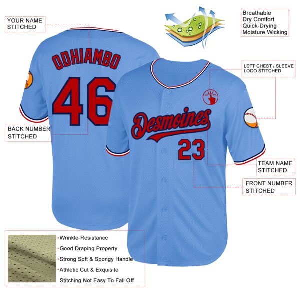 Custom Light Blue Red-Navy Mesh Authentic Throwback Baseball Jersey - Image 3