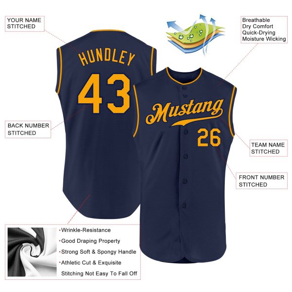 Custom Navy Gold Authentic Sleeveless Baseball Jersey - Image 2