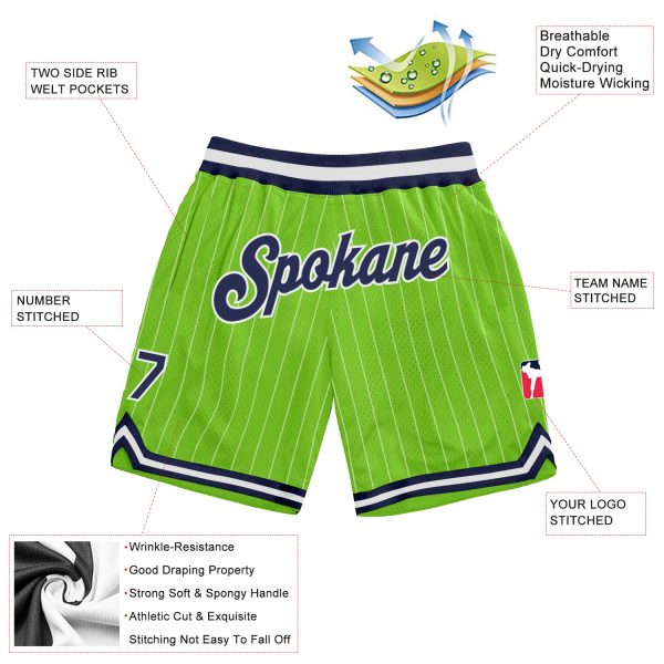 Custom Neon Green White Pinstripe Navy-White Authentic Basketball Shorts - Image 2