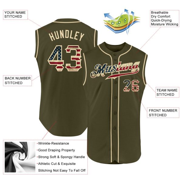 Custom Olive Vintage USA Flag-Cream Authentic Sleeveless Salute To Service Baseball Jersey - Image 2