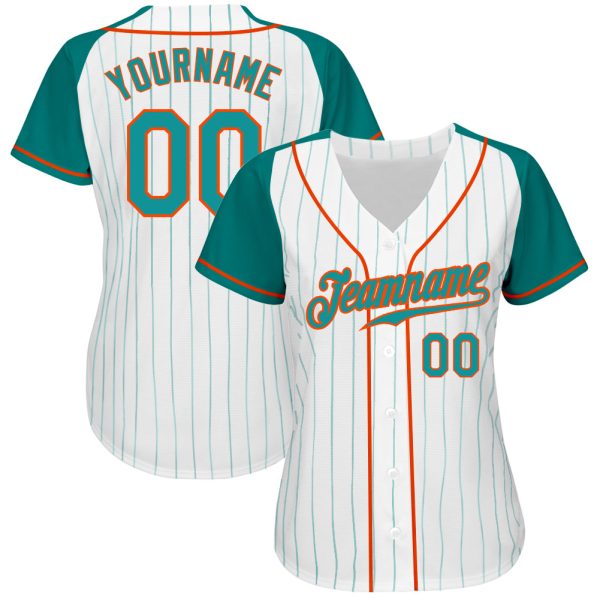 Custom White Aqua Pinstripe Aqua-Orange Authentic Raglan Sleeves Baseball Jersey - Image 2