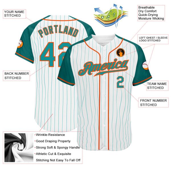 Custom White Aqua Pinstripe Aqua-Orange Authentic Raglan Sleeves Baseball Jersey - Image 3