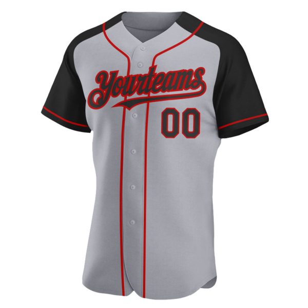 Custom Gray Black-Red Authentic Raglan Sleeves Baseball Jersey - Image 2
