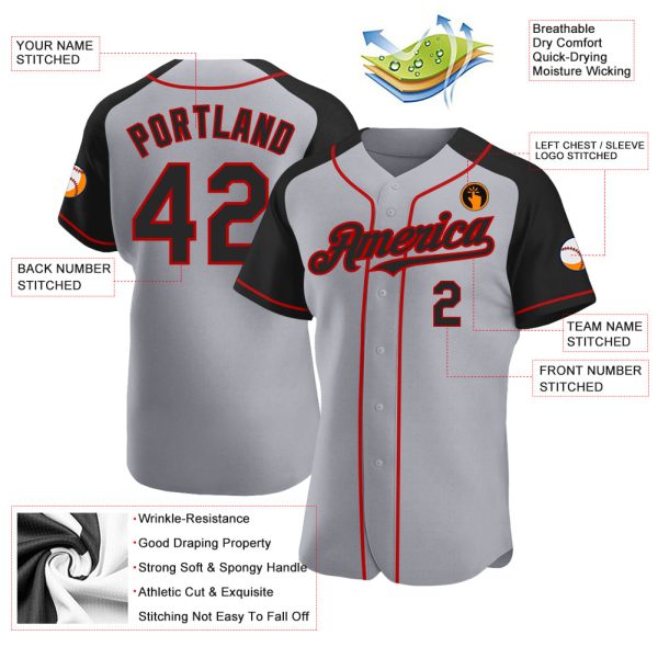Custom Gray Black-Red Authentic Raglan Sleeves Baseball Jersey - Image 3