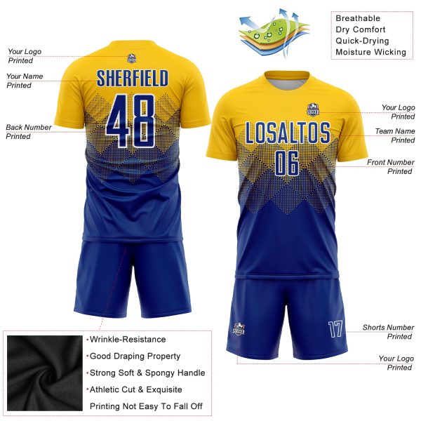 Custom Gold Royal-White Sublimation Soccer Uniform Jersey - Image 3