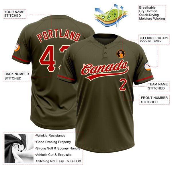 Custom Olive Red-Cream Salute To Service Two-Button Unisex Softball Jersey - Image 3