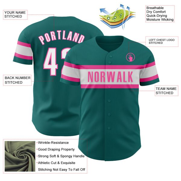 Custom Teal White-Pink Authentic Baseball Jersey - Image 3