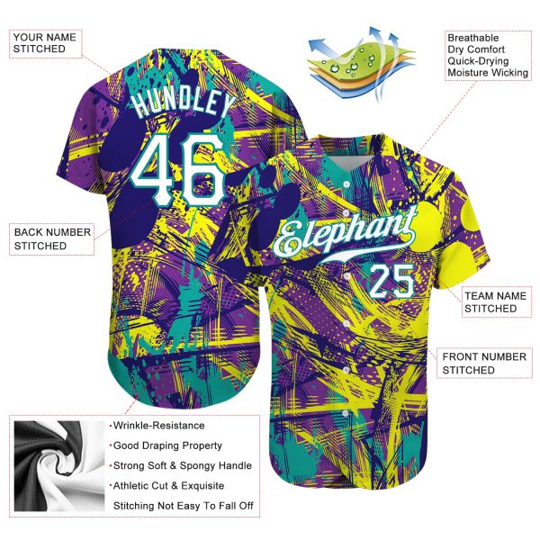 Custom Graffiti Abstract Urban Pattern White-Teal 3D Authentic Baseball Jersey - Image 3