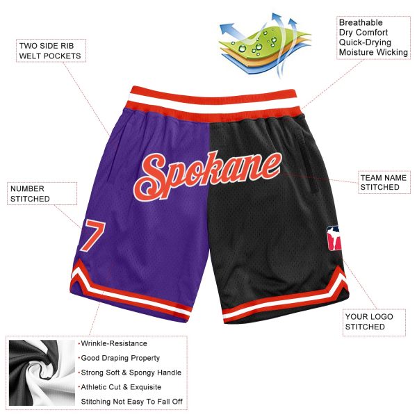 Custom Purple Orange-Black Authentic Throwback Split Fashion Basketball Shorts - Image 2