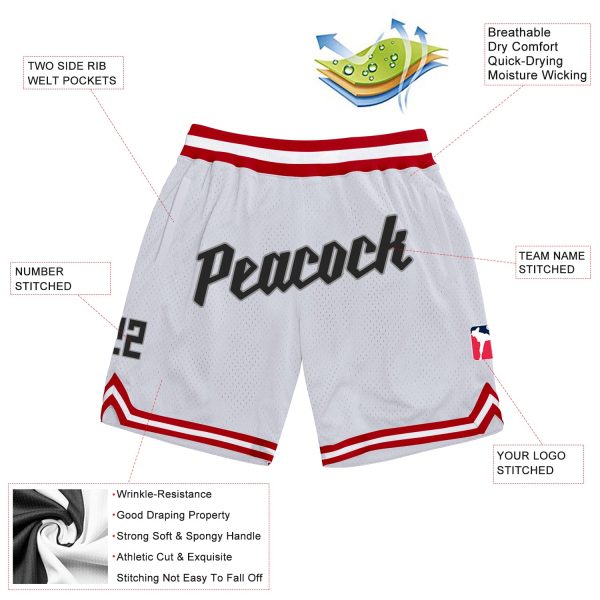 Custom White Black-Red Authentic Throwback Basketball Shorts - Image 3